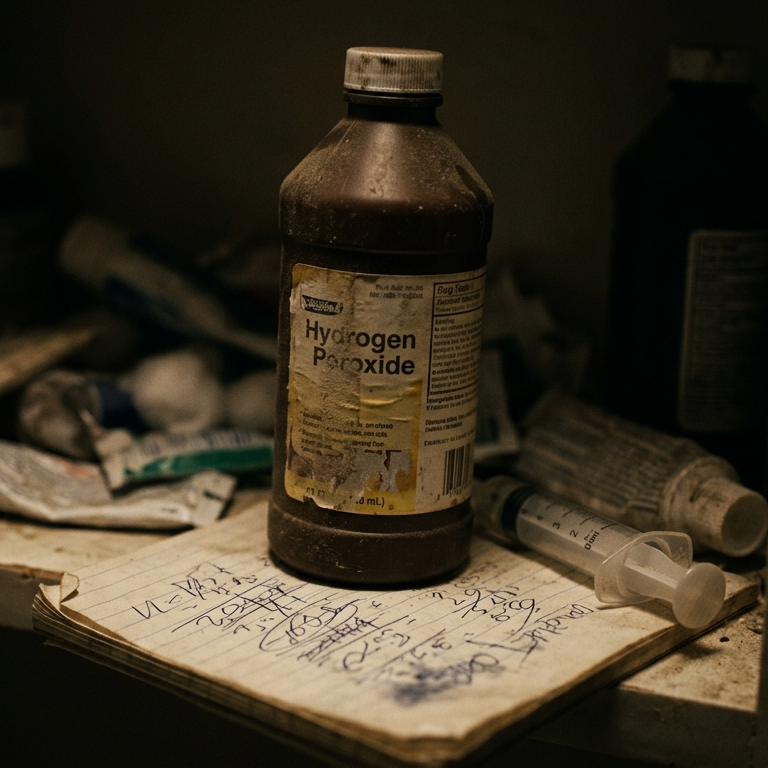 Brown hydrogen peroxide bottle on shelf, dramatically lit